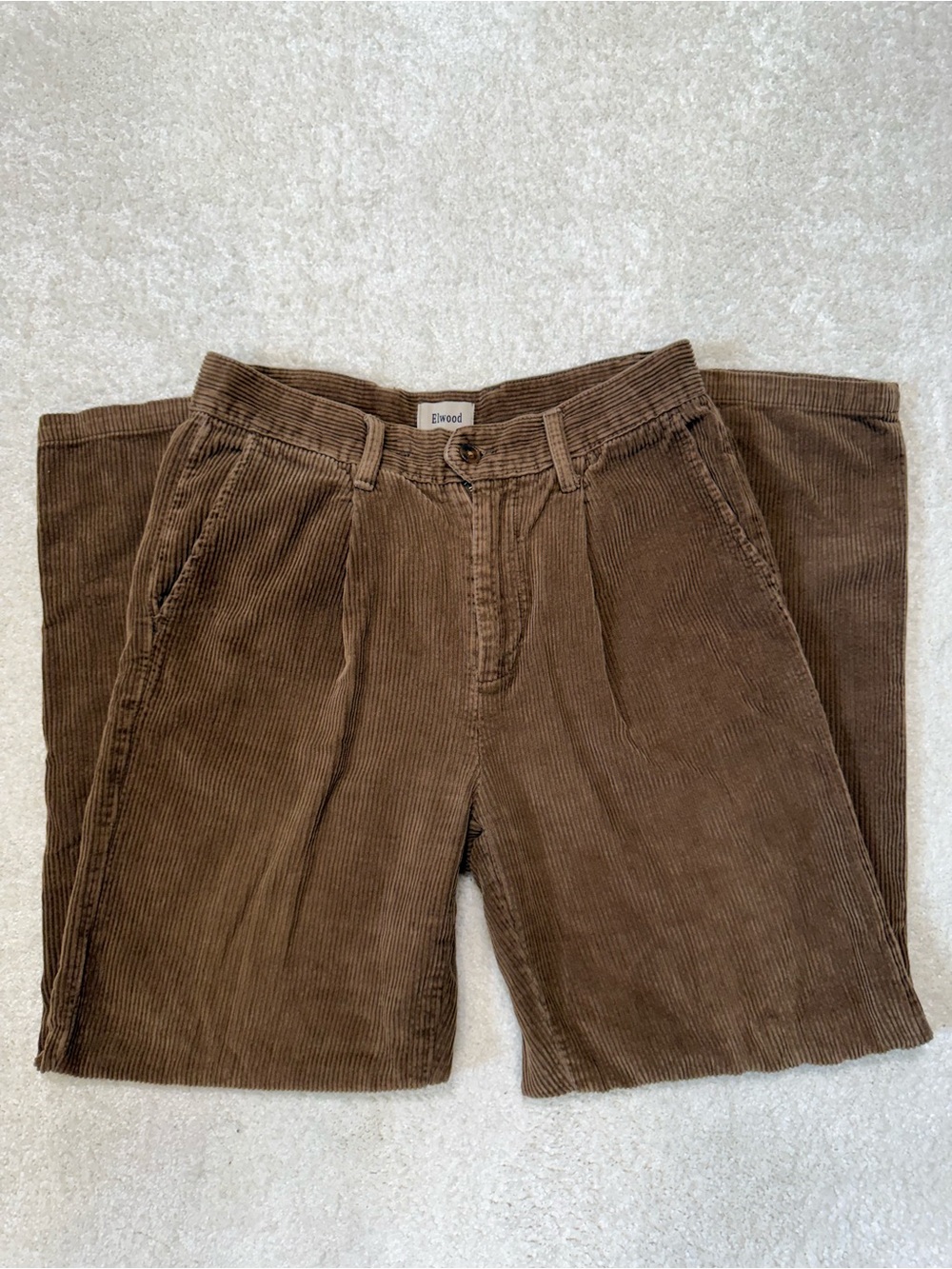 Elwood Baggy Corduroy Wide Leg Pants Ribbed Pleated Trousers Chocolate Size 30